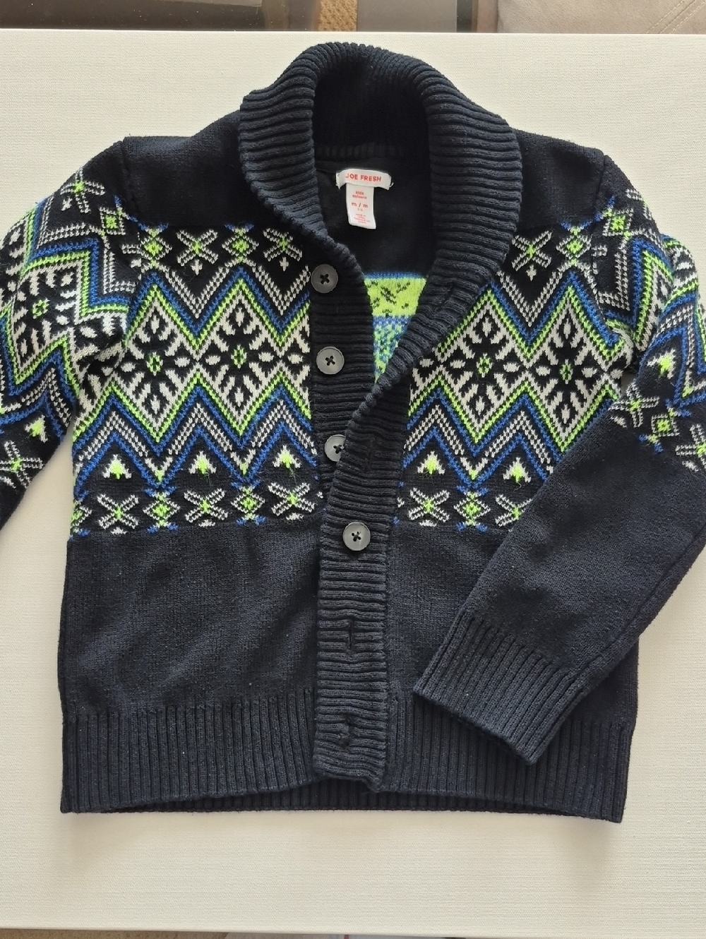 Joe Fresh Fair Isle Boys Cardigan with Lime & Blue Accents. Size M (7-8)